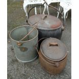 A Kenrick & Sons 3 1/2 gallon cauldron, another larger similar and a galvanized bucket