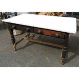 A 4' 4" Victorian painted table with two short drawers, later top and stretcher - a/f