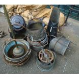 A quantity of aluminium preserve pans, copper coal helmets, washing dolly, etc.