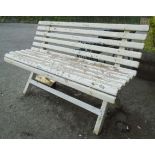 A 4' 4 1/2" painted wood slatted garden bench