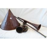 An antique copper cone, Lucas King of the Road car horn and post horn (a/f)