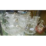 A collection of decorative glassware including cut pedestal dish, vases and Laguna handbag vase