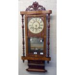 A 19th Century ornate inlaid walnut cased wall clock with printed dial, mercury effect pendulum,