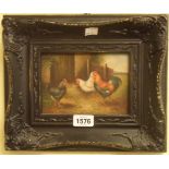 An ornate framed modern oil on panel depicting chickens