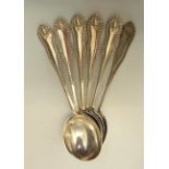 A set of six silver soup spoons with feathered handles - Sheffield 1903