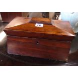A 13½" Victorian rosewood sarcophagus shaped tea caddy with twin lidded compartments and