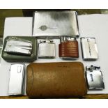 Five various Ronson lighters, a polished metal cigarette case and a leather cigar pouch for Watson's