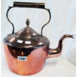 A large Victorian copper kettle with E.V. Wilkes, Birmingham milk churn mark behind spout