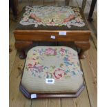 A Victorian mahogany framed footstool with tapestry top and squat bun feet - sold with a walnut
