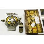 A vintage AA car badge - sold with an Acme Thunderer whistle, a cribbage box and a pack of playing