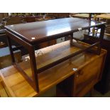 A 35" retro polished and stained solid hardwood coffee table, set on open supports