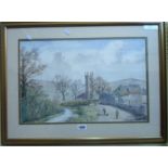 G. R. Knapp: a gilt framed watercolour, depicting a village scene with a stream and figures on a