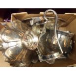 A box containing a quantity of silver plated items including Mappin & Webb club bottle holder,