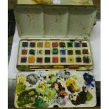 A collection of vintage artist's items including Winsor & Newton's Scholastic paint Box No. B27,