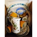 A box containing a quantity of decorative ceramics including Coalport Strawberry jug, plates, bowls,
