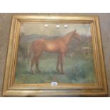 Collier: a gilt framed oil on board study of a Chestnut horse with farmhouse and buildings in