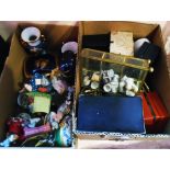 Two boxes containing a large quantity of decorative ceramics including pill boxes, modern Limoges