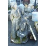 A 3' 2" high antique continental marble statue of a mother with child stood on a chair, set on an