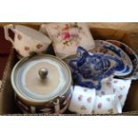 A box containing a quantity of decorative ceramics including Royal Crown Derby trinket box, two