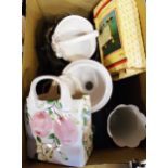A box containing a quantity of decorative vases, bowls, etc. including two Anynsley vases,