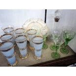 A box containing six lemonade glasses, five hock glasses, decanter and Paragon cake plate