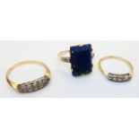 A marked "PLAT" & 18ct. ring, set with large oblong blue stone panel - sold with a marked 9ct. & "