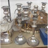 A pair of 16" silver plated three branch candlesticks with detachable nozzles and top sections - one