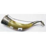 A mid 20th Century Russian drinking horn with niello white metal collar and end cap bearing marks