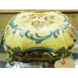 A 10" 19th Century French painted and carved wood bombe casket with floral and C-scroll