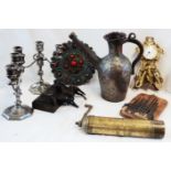 Various items of metalwork including Persian coffee grinder, decorative plaque, American Indian on