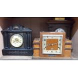 A 1930's mantel timepiece - sold with a simulated black slate mantel clock and another - all in need