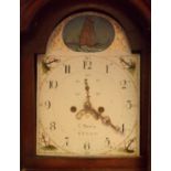 An antique oak longcase, the 12" painted arched dial nautically themed with moving galleon to top,