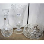 A large cut glass vase, fruit bowl and French Durand Cristal decanter