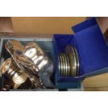 A crate containing silver plated items including salvers, boxed coasters, pair of wooden base