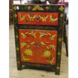 A 16" Eastern lacquered bedside cabinet with drawer and cupboard under, decorated with painted
