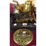 A box containing a Persian pierced brass oval box, two brass spigots, brass coffee pot, etc.