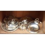 A quantity of silver plated items including a 12" meat dome, pair of entree dishes with detachable