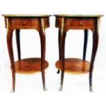 A pair of 20" diameter French style mixed wood and brass mounted two tier occasional tables, each