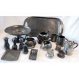 A box containing a quantity of pewter items including Art Nouveau tray, condiment sets, tazza, etc.