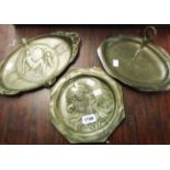 Three Art Nouveau visiting card trays comprising a Kayserzinn dragonfly dish, WMF silver plated