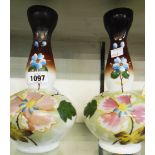 A pair of opaque glass gourd shaped vases with floral decoration