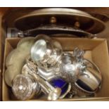 A box containing a quantity of silver plated items including Armand Frenais jug