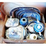 A box of blue and white ceramics including Willow pattern meat plate, tureens, etc. - various