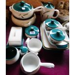 Various pieces of Denby Green Wheat pattern pottery tableware including coffee pot, tureen with lid,