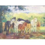 Alice Des Clayes: a gilt framed oil on canvas depicting horses sheltering beneath a tree -