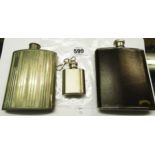 Three hip flasks comprising pewter, Chivas Regal and a keyring