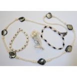 A baroque pearl and abalone single string necklace - sold with a similar bracelet, another with blue