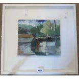 Margaret Knott: a white box framed oil on board, entitled "Isleworth" - signed with labels and