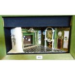 A vintage house interior diorama with lighting, signed H. Pesch, Escape 3 1975 to fireplace