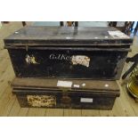 Two 30½" late 19th Century painted tin military uniform foot lockers, both bearing name G. J.